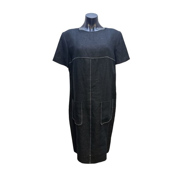 Kelly Graham Black Linen Dress w/White Stitch Detailing & Front Pockets - Picture 1 of 8